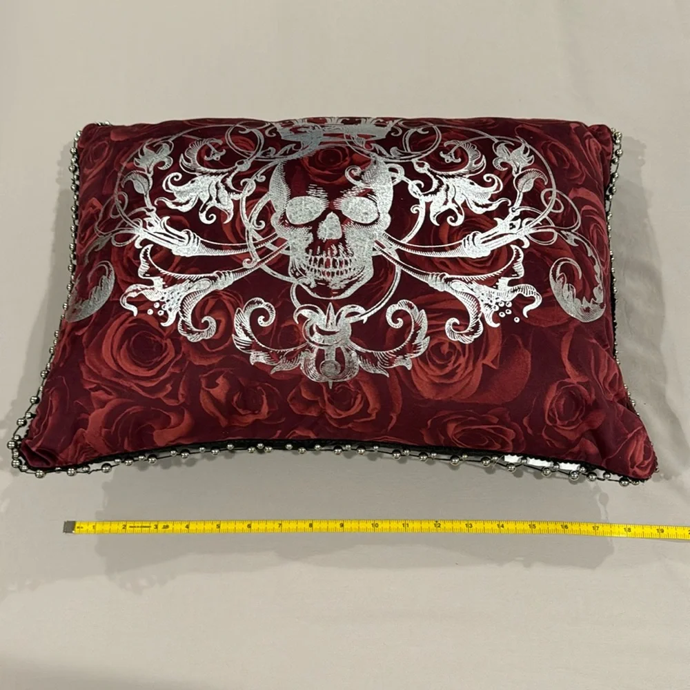Halloween pillow velvety feel, burgundy rose pattern with silver print skull